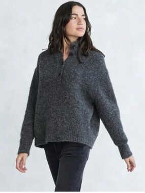 Jenni Kayne Boucle Half Button Pullover in Charcoal Alpaca